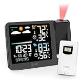 uzoli Projection Alarm Clock Weather Station, WWVB Atomic Projector Clock with Sensor, Adjustable Backlight, Indoor Outdoor Temperature Humidity, Digital Projection Clock for Bedroom Ceiling