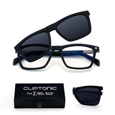 CLIPTONIC 2-in-1 Magnetic Clip- On Blue Light Blocking Glasses – Rectangle Matte Black Frame + Grey Polarized UV400 Clip, TR90 Lightweight, Anti-Reflective Computer Eyewear for Men & Women
