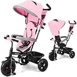 INFANS Kids Tricycle, 6 in 1 Baby Trike Toddler Bike with Reversible Seat, Adjustable Push Handle, Control Direction, Removable Canopy, Safety Harness, Belt, Storage, 9-60 Months (Pink)