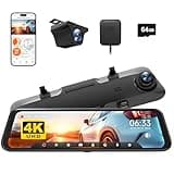WOLFBOX G850 12" 4K Rear View Mirror Camera with 5.8GHz WiFi and Voice Control, Smart Mirror Dash Cam Front and Rear, Backup Camera with 1080P Rear Camera, Dash Cam with WDR, Includes 64GB Card & GPS