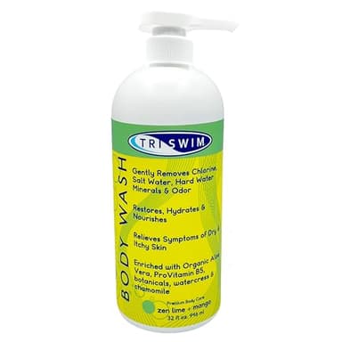 TRISWIM Chlorine Removal Body Wash 32 Fl Oz | Removes Chlorine, Bromine, Hard Water Minerals & Saltwater | Hydrates & Restores Skin | Zen Lime + Mango Scent
