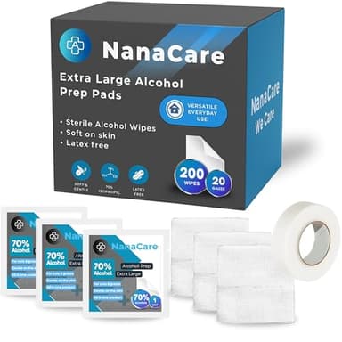 Extra Large Alcohol Prep Pads 6x4 Individually Wrapped 200 Count with 20 Gauze Swabs Extra Large Alcohol Wipes 6x4 for First Aid Wound Care Home Travel Blood Sugar Testing Prep