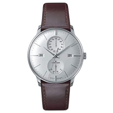 Junghans Meister Agenda Mens Automatic Calendar Watch - 40mm Analog White Face with Day, Date, and Week Display - Stainless Steel Burgundy Leather Band Luxury Watch Made in Germany 027/4364.01