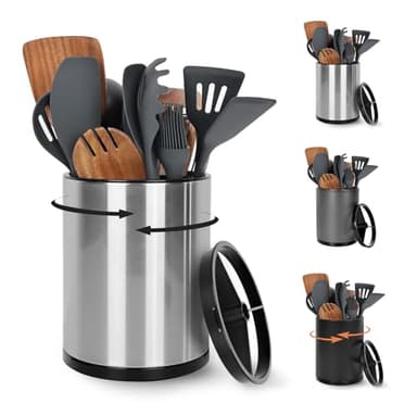 Nigelia Extra Large Kitchen Utensil Holder, 360° Rotating Stainless Steel Cooking Utensil Holder for Countertop, 3 Compartment Flatware Organizer & Cooking Caddy with Removable Base（Silvery）