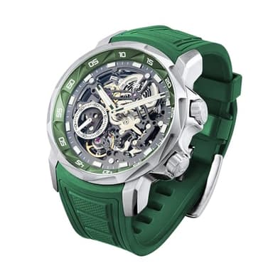 FEICE FM511 GREEN Men's Automatic Skeleton Watch, Luxury Sapphire Crystal Glass Blue Dial Luminous Hands, 5ATM Waterproof Sport Wristwatch with Silicone Strap for Men, Casual Mechanical Watches For Men.
