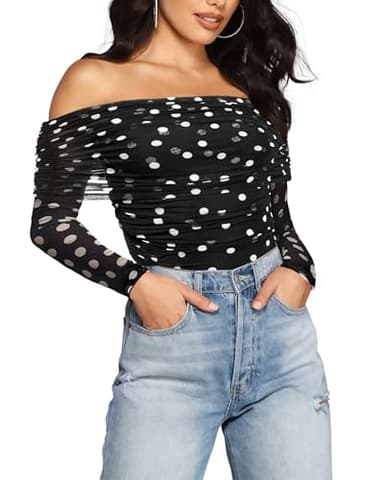 SAUNGKUAI Women's Off The Shoulder Long Sleeve Bodysuit Sexy Polka Dots Body Suit Tops Sheer Mesh Ruched Fall Outfits 2026 Black Dots M