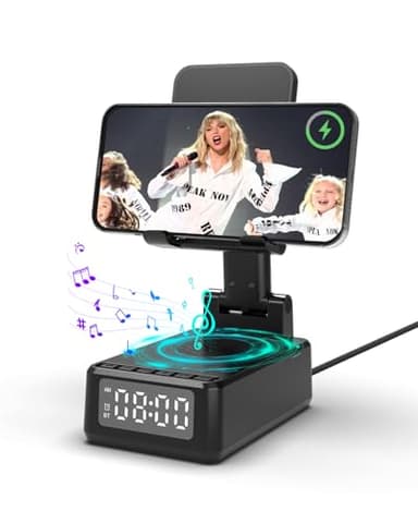 Birthday Gifts for Men Women,Cell Phone Stand with Wireless Bluetooth Speaker,Wireless Phone Charger Stand Alarm Clock for iPhone,Holiday Gifts for Men Women Dad Mom Husband Teen Cool Tech Gadgets