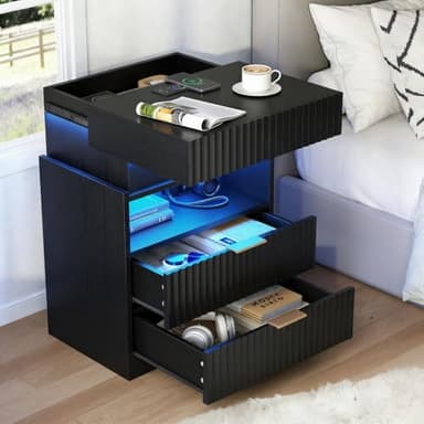 Night Stand with Wireless Charging Station, Black Bedside Table with Hidden Gun Drawer & LED Lights, Modern End Table with 2 Drawers, Fluted Nightstands with Open Storage Shelf for Bedroom
