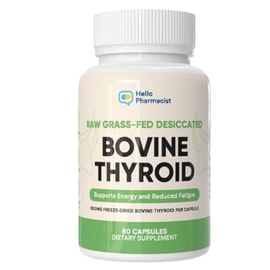 Raw Desiccated Bovine Thyroid 300mg Per Capsule - Energy & Metabolism Support - New Zealand Sourced, Grass Fed Freeze-Dried Glandular Bovine Beef Thyroid, Non-GMO, Tested for Impurities - 60 Capsules