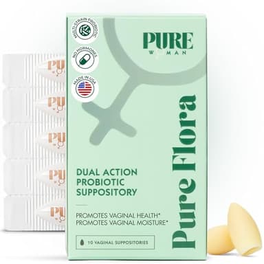 Pure Flora Vaginal Probiotic Suppository - 4 Strain Lactobacillus + Lactoferrin + USP Hyaluronic Acid - Promotes Healthy Vaginal Microbiome, Odor, BV, pH Balance, & Dryness Relief - Natural - 10 Count