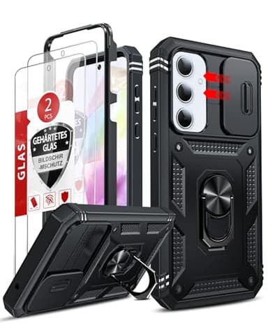 LeYi for Samsung A35-5G Case: Samsung Galaxy A35 5G Phone Case with Screen Protector [2 Packs], Slide Camera Cover & Kickstand, Cell 35A Military-Grade Protection para Samsung A35 Case, Black