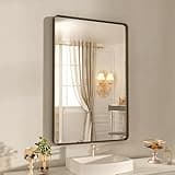 WEER 24x32 Inch Bronze Bathroom Mirror for Vanity, Brushed Bronze Metal Frame Mirror for Wall, Rounded Rectangle Bronze Frame Mirror with Tempered Glass, Anti-Rust (Horizontal/Vertical)
