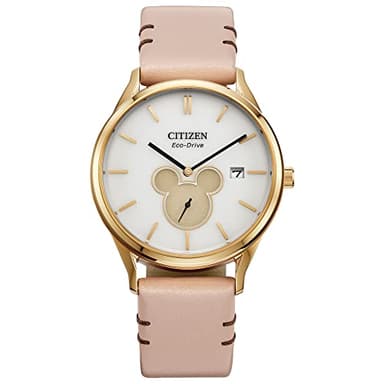 Citizen Eco-Drive Mickey Mouse Shadow, Gold Tone Stainless Steel, Pink Leather Strap, 2-Hand with Sub-Dial, 40mm (Model: BV1132-08W)
