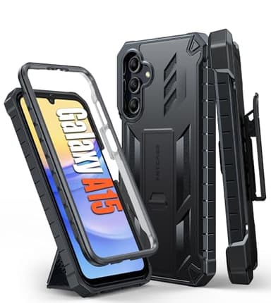FNTCASE for Samsung Galaxy A15-5G Case: Military Grade Rugged Cell Phone Cover with Kickstand & Holster | Shockproof TPU Protection Bumper Matte Textured Design for Galaxy A15-5G Cases 6.5 inch-Black