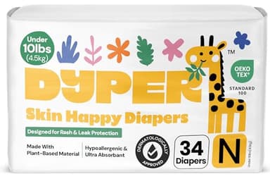 DYPER - Newborn Diapers Size 0 (34Count) - Plant Based Disposable Diapers for Day and Overnight Premium Leak Protection, Skin-Friendly Comfort with Soft Baby Diapers (>10 lbs)