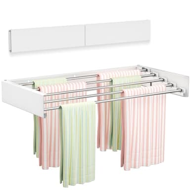 Vikaqi Wall Mounted Clothes Drying Rack 23.6", Foldable Wall Mount Laundry Rack Folding Indoor, Drying Rack Clothing Collapsible, Hidden Space Saver with Wall Template, 5 Rods, White