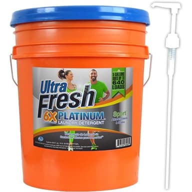 Ultra Fresh 5 Gallon Liquid Laundry Detergent Washing Soap for All Machine Types, 6X Platinum, Up to 640 Loads, Sport Odor & Stain Remover