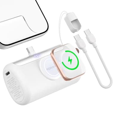 RORRY PalmGo Portable Charger, 10000mAh PD 22.5W Fast Charging Mini Power Bank with Built-in USB C Connector, 3-in-1 Battery Pack for iPhone 17/16/15 Pro/Max, Apple Watch Ultra/11/10/SE, iPad, White
