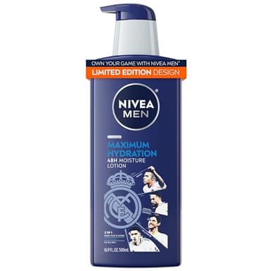 NIVEA MEN Real Madrid Limited Edition Design Maximum Hydration 48-Hour Moisture Body Lotion for Dry Skin, Aloe Vera Lotion for Men, 3-in-1 Body, Face and Hands, 16.9 Fl Oz Bottle