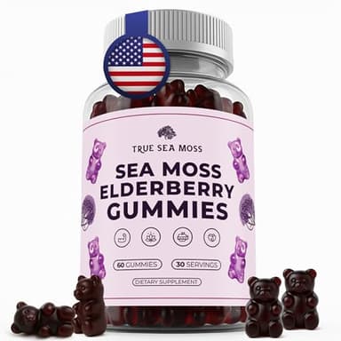TrueSeaMoss Sea Moss Gummies with Elderberry, Burdock Root & Bladderwrack – for Adults & Kids 4+ – Fruity Flavor – 60 Gummies