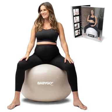 BABYGO Birthing Ball - Pregnancy Yoga Labor & Exercise Ball & Book Set Trimester Targeting, Maternity Physio, Birth & Recovery Plan Included Anti Burst Eco Friendly (Oatmeal, 65cm)