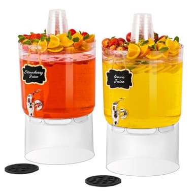 2 Gallon Beverage Dispenser for Parties 2 PACK, BPA-Free Drink Dispenser with No Drip Spigot, Juice Dispensers with Stand, Transparent Plastic Water Dispenser, Drink Fountains with Multi-Function Lid