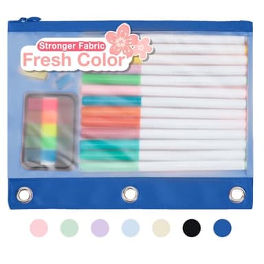 Forvencer Pencil Pouch for 3 Ring Binder, Large Capacity Binder Pencil Pouch with Smooth Zipper & Reinforced Grommet, Pencil Case for Binder Clear Window to Organize School Office Supplies, Azure Blue