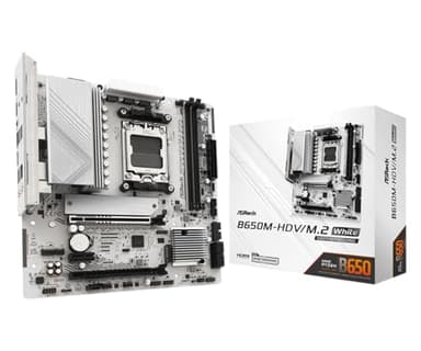 ASRock B650M-HDV M.2 White Micro-ATX AM5 Motherboard, AMD Ryzen 9000/8000/7000, PCIe 5.0 x16, DDR5 8200+(OC), Dual M.2 (Gen5/Gen4), USB 3.2 Type-C, 2.5G LAN