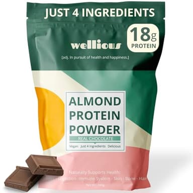wellious Almond Protein Powder (Chocolate) - 18 Grams of Pure Healthiest Vegan Protein for Women & Men - Perfect Gluten-Free, Soy-Free & Smooth Gut Friendly Protein Powder for Sports Nutrition