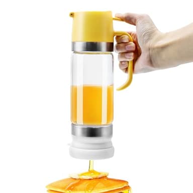 aeloer Glass Honey Dispenser No Drip with Stand, 12 OZ Honey Pot Jar with Handle, Syrup Dispenser for Coffee or Tea, Yellow