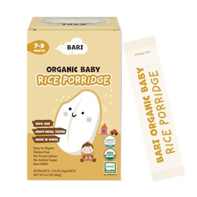 BARI Organic Baby Rice Porridge Stage 2 (7+ Months) – USDA Organic, Heavy Metal Tested, Non-GMO, No Added Sugar, Gluten-Free, Korean Baby Rice Cereal, 6.3oz (0.6oz x 10 Packets)