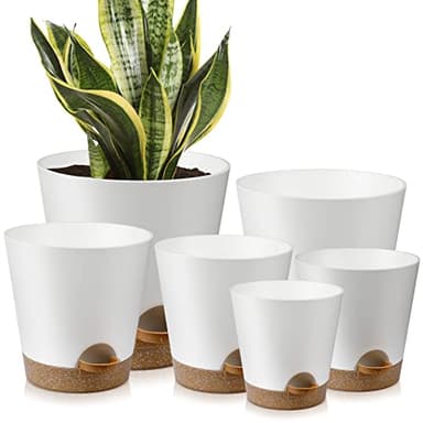 YNNICO Indoor Self Watering Planters with Drainage Holes and Saucers, 8, 7, 6.5, 6, 5.5, 5 Inches, White, 6 Pots