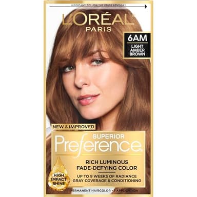 L'Oreal Paris Superior Preference Luminous Fade-Defying Permanent Hair Color, Hair Dye For Up to 9 Weeks of Radiance, Light Amber Brown 6AM, 1 Hair Dye Kit