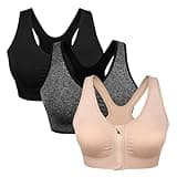 Women's Zip Front Sports Bra Wireless Post-Surgery, Yoga Sports Bras (L:Fit 34C,34,34D,34DD,36B,36C,38A,38B, 3 Pack(Black+Grey+Flesh))