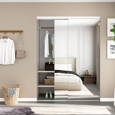 JUBEST Mirror Closet Doors, 60''x80'' One Side Sliding Closet Door with Hardware Kit, Interior Steel Frame Bypass Sliding Door for Closet, Easy to Install