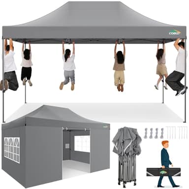 COBIZI 10x15 Heavy Duty Pop up Canopy Tent with 4 sidewalls, Commercial Outdoor Tents for Parties,Backyard Event, Wedding, All Season Waterproof Event Shelter with Carry Bag, Gray(Frame Thickened)