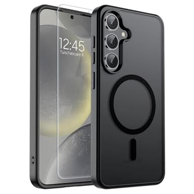 SUPFINE Magnetic for Samsung Galaxy S24 Case / S25 Case with Screen Protector, (Built-in Magnets) (Military Grade Drop Protection) Slim Translucent Shockproof Phone Case,Black