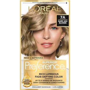 L'Oreal Paris Superior Preference Luminous Fade-Defying Permanent Hair Color, Hair Dye For Up to 9 Weeks of Radiance, Dark Ash Blonde 7A, 1 Hair Dye Kit