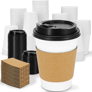 Clawsoff 100 Pack 12 oz Disposable Coffee Cups with Lids and Insulated Sleeves, Leak-free Paper and Sturdy Thick Paper Hot to Go Coffee Cups with Lids for Cold/Hot Beverage (White)