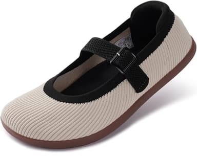 WHITIN Womens Barefoot Mary Jane Shoes Wide Toe Box Ballet Flats Sneakers Zero Drop Sole Minimalist Size 10 Width Mesh Dress Ballerina Adjustable Buckle Strap Walking Beige 41