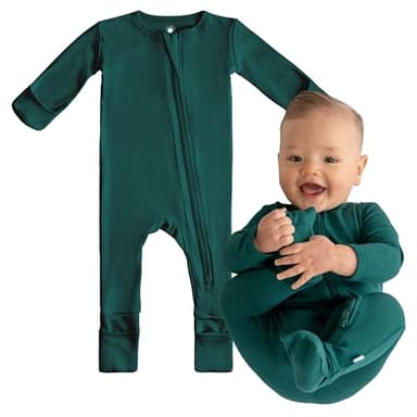 Dreamland Baby Bamboo Viscose Baby Pajamas (0-24 months). Ultra Soft Viscose Sleepers with 2-Way Zipper, Mitten & Foot Cuffs. Mom-Owned US Business, Premium Materials Forest Green