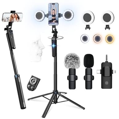 Vlogging Kit for iPhone/Android, No APP 63”Auto Face Tracking Tripod for iPhone with Light, Microphones, Scrolling Remote Control for TikTok, Content Creator Kit for YouTube Starter Live Streaming