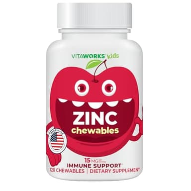 VitaWorks Kids Zinc 15mg Chewable Tablets - Natural Cherry Flavor - Vegan, Vegetarian, GMO-Free, Gluten Free, Nut Free Vitamins - Dietary Supplement for Immune Support - for Children - 120 Chewables