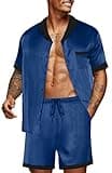 Ekouaer Men Satin Silk Pajamas Set with Pockets Sleepwear Shorts Satin Summer Loungewear 2 Piece Button Down Set S-3XL Navy Blue