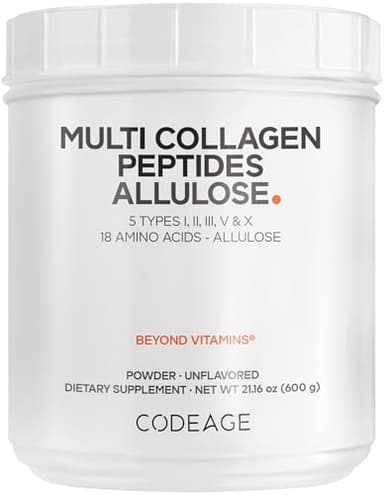 Codeage Multi Collagen Peptides Powder + Allulose - 5 Types - Grass-Fed Collagen - Rare Sugar Allulose Supplement - 0 Calorie Sweetener & 0 Carbs - 18 Amino Acids - Unflavored - Non-GMO - 30 Servings