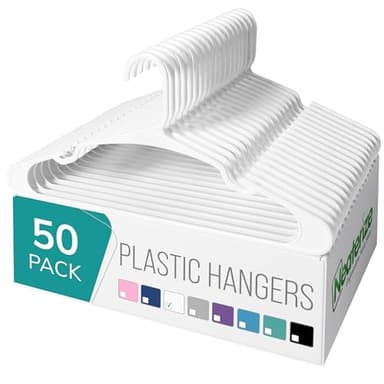 NEATERIZE Clothes Hangers Plastic 50 Pack for Adults - Plastic Hangers, The Perfect Coat Hanger and Space Saving Clothes Hangers for Closet, Percheros Ganchos para Colgar Ropa Hangars - White Hangers