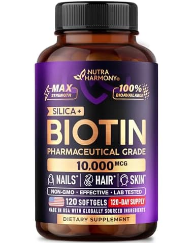 Biotin 10000 mcg with Silicon - Pharmaceutical Grade Biotin Supplement for Women - Hair Growth Support, Skin & Nails - Max Strength & 100% Bioavailability - Lab Tested - 120 Softgels, 120 Days Supply