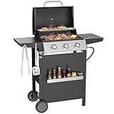 3 Burner BBQ Propane Gas Grill with Spice Rack, Stainless Steel Patio Garden Barbecue Grill with Two Side Shelves,36,000 BTU Outdoor Barbecue Cooking with Top Cover Lid, Wheels,Black