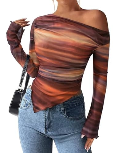 PRETTYGARDEN Womens Fall Trendy Off Shoulder Y2k Tops 2026 Tie Dye Mesh Long Sleeve Shirts Asymmetrical Ruched Floral Blouse (Floral Brown,Large)