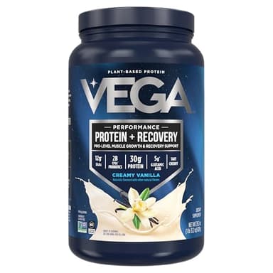 Vega Sport Vegan Protein Powder + Recovery - 30g Plant Based Protein per Serving, Vanilla, 20 Servings, 5g BCAAs, Probiotics, NSF Certified, for Shakes & Smoothies, 1.8lbs (Packaging May Vary)